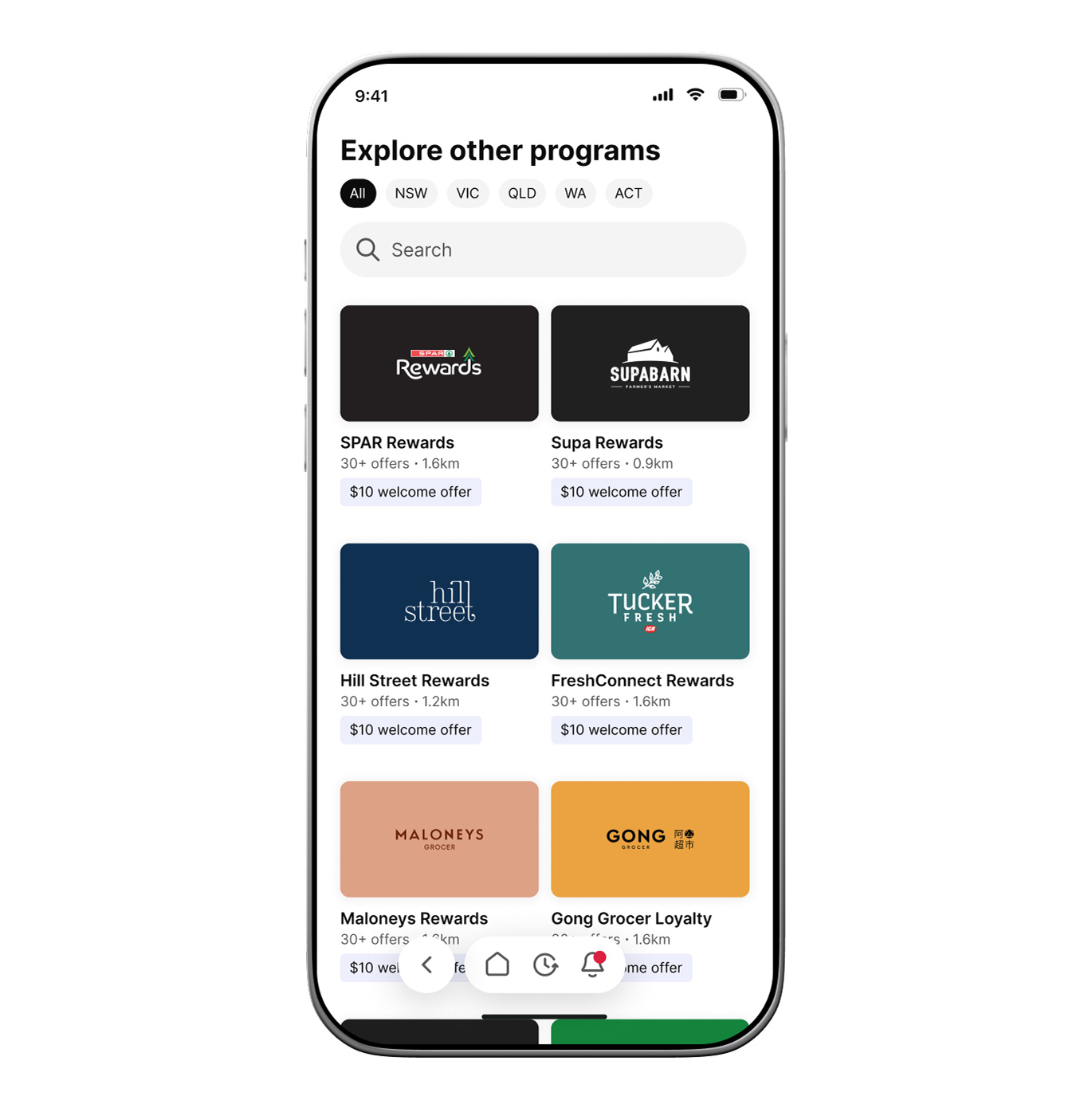 Mobile screen showing explore programs with search and six reward program cards with $10 welcome offers.