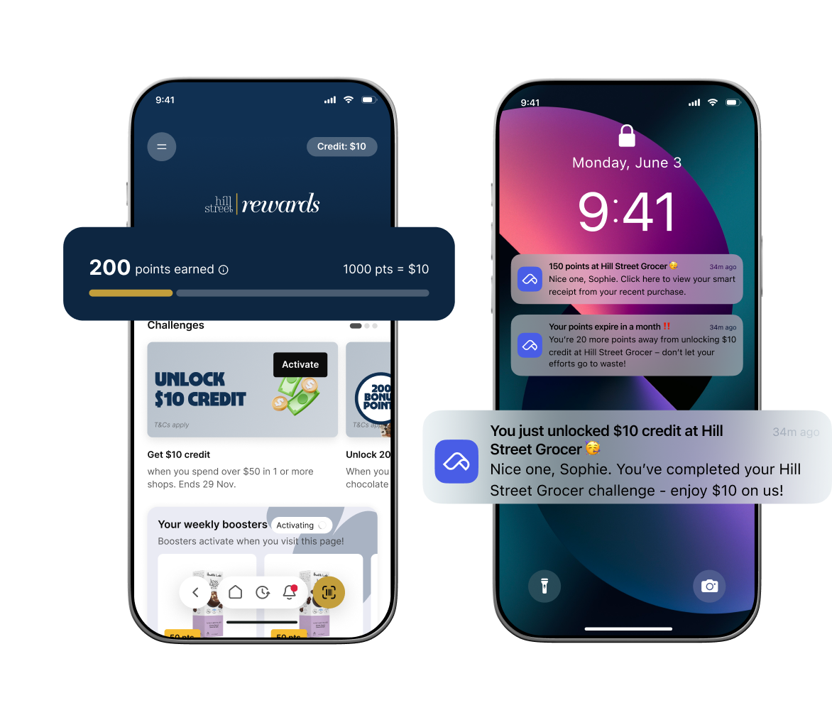 Two phones showing Hill Street rewards app with points progress and $10 credit unlocked notification.