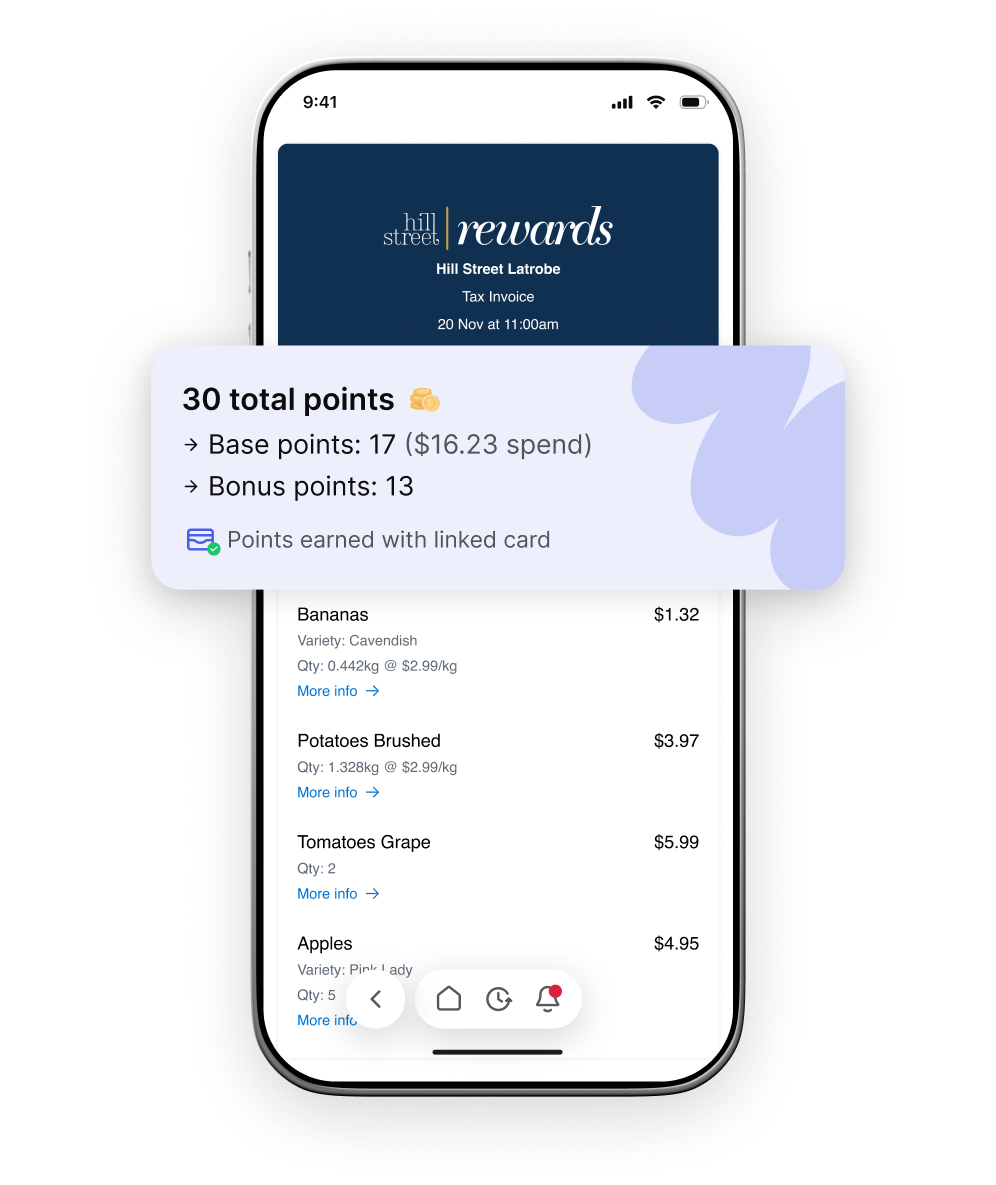 Mobile screen showing Hill Street Latrobe rewards points breakdown and a grocery receipt with item details and prices.