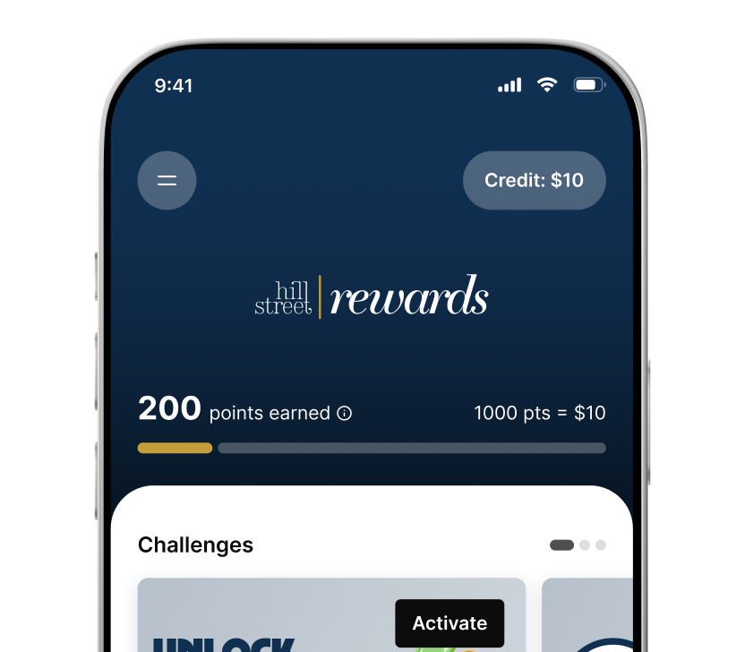 Mobile app screen showing Hill Street rewards with 200 points earned and $10 credit available.