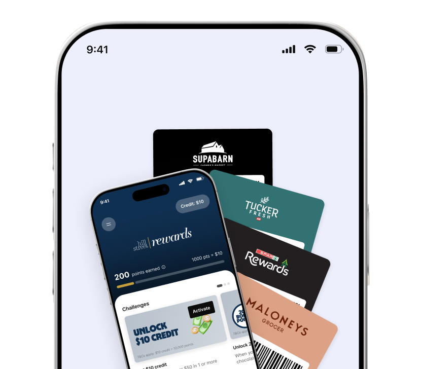 Smartphone screen showing a rewards app and four loyalty cards for Supabarn, Tucker Fresh, SPAR, and Maloney's.