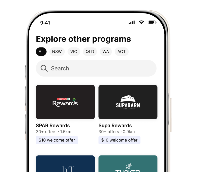 Mobile screen showing programs SPAR Rewards and Supa Rewards with $10 welcome offers and location details.