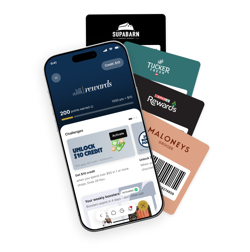 Smartphone showing Hill Street rewards app with points and challenges, surrounded by four loyalty cards.