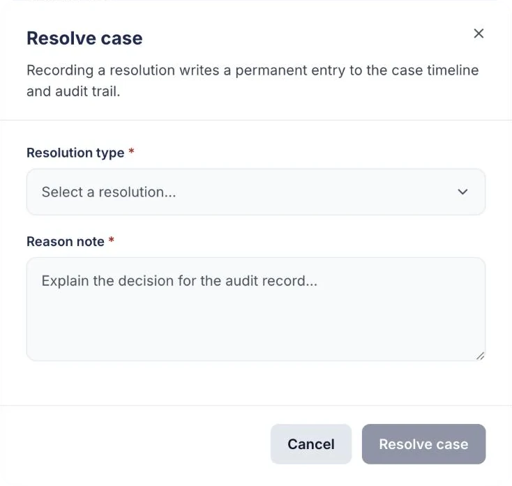 Resolve case dialog