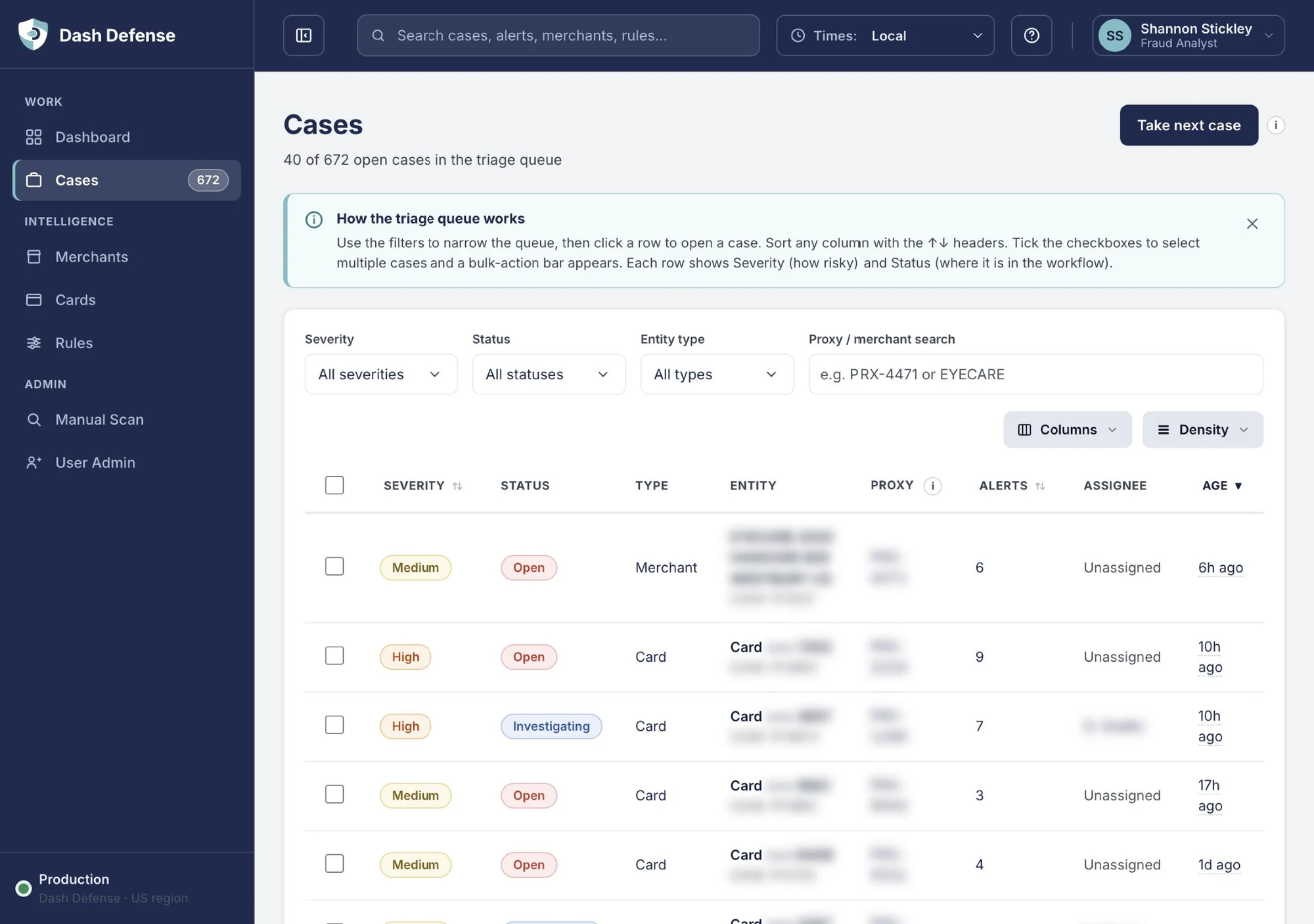 Case triage queue with severity and status badges
