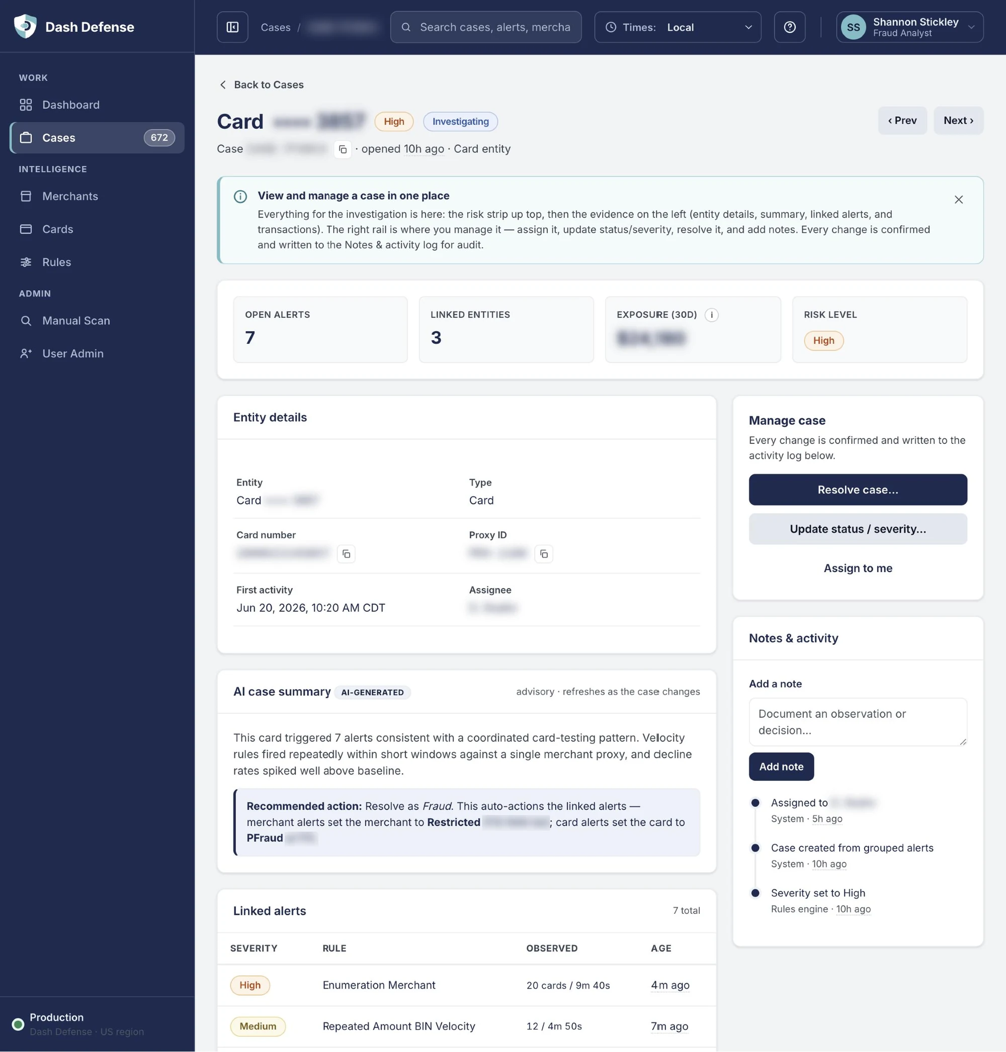 Case workspace with risk summary, entity details and AI case summary