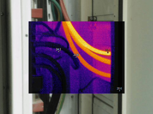 A thermal graphic scan detects abnormally high temperature within electrical components.