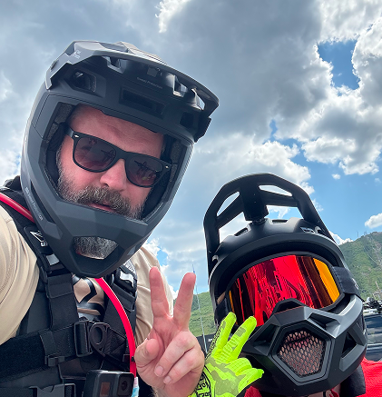 Jan and son down hill biking