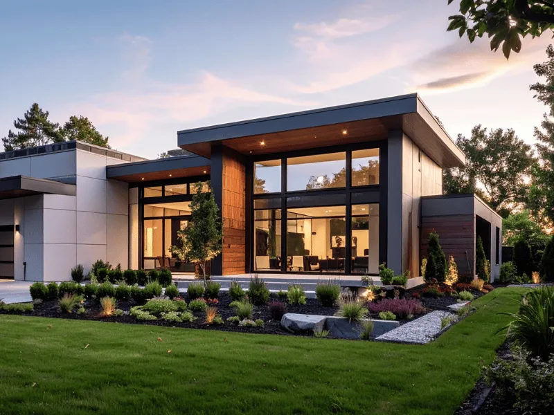 Modern house with large glass windows, wooden accents, and landscaped garden at sunset.