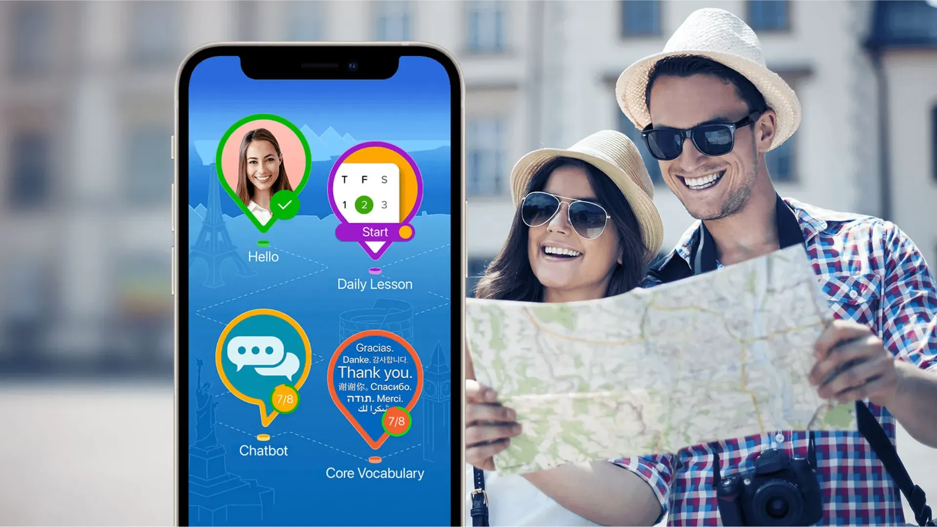 Mondly by Pearson mobile app on Heka beside two travelling tourists smiling and reading a map