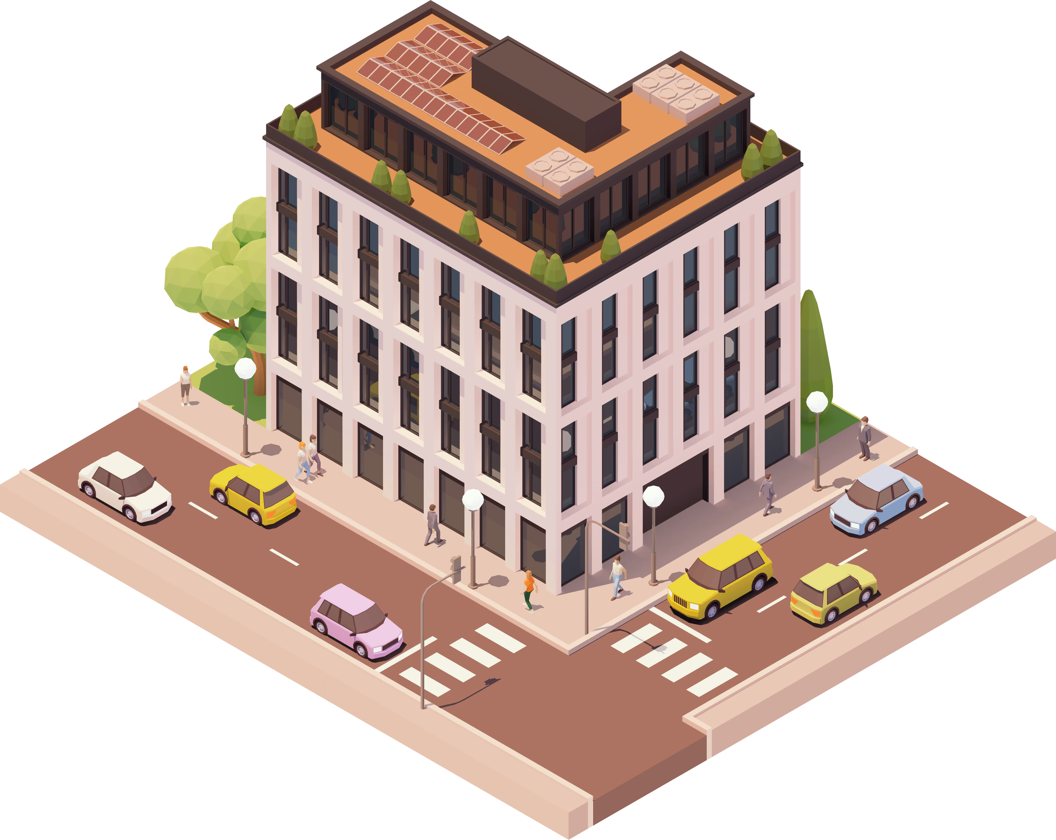 Illustrazione isometrica edificio con sistema di monitoraggio