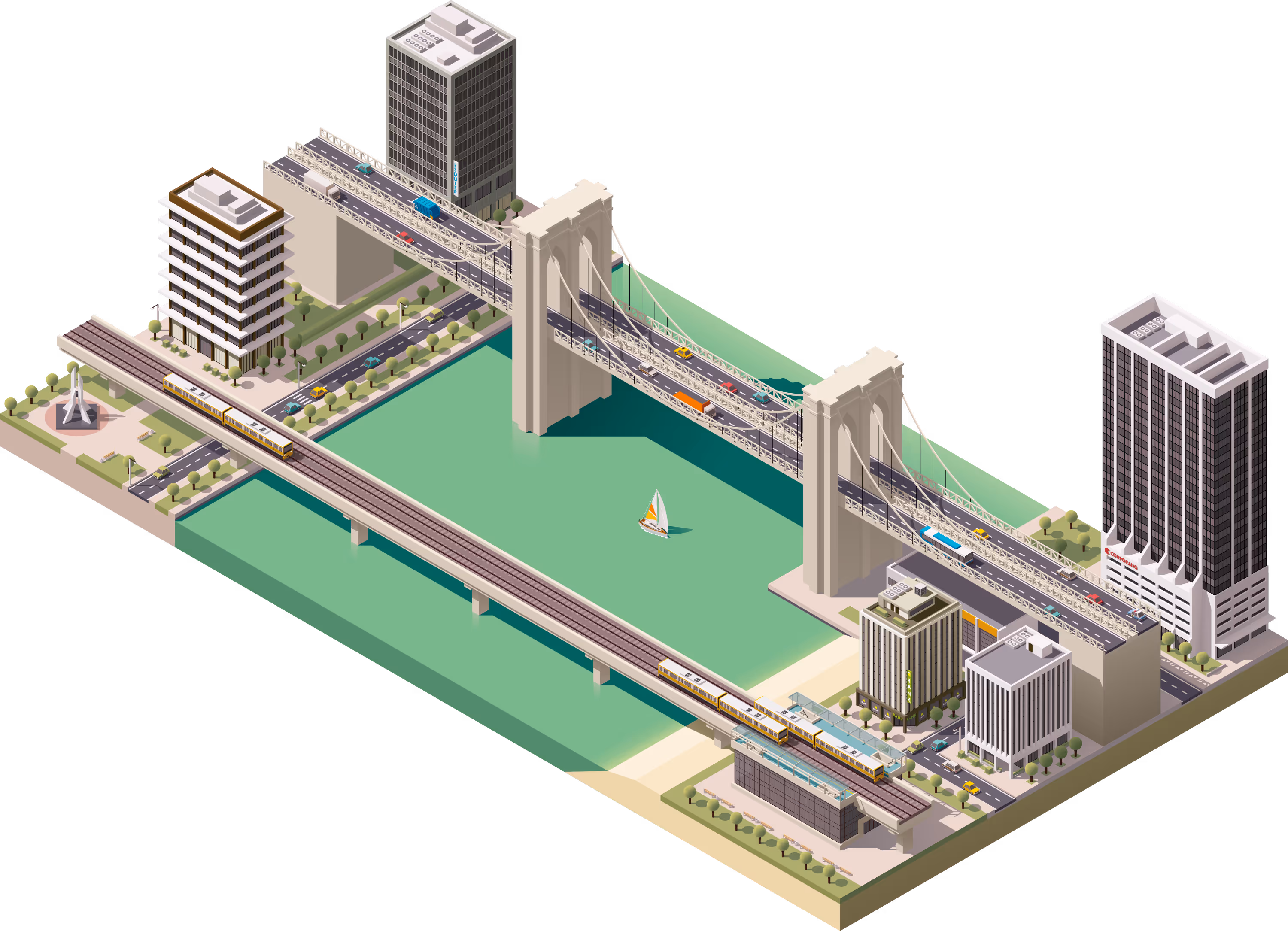 Illustrazione isometrica di un ponte con sensori di monitoraggio