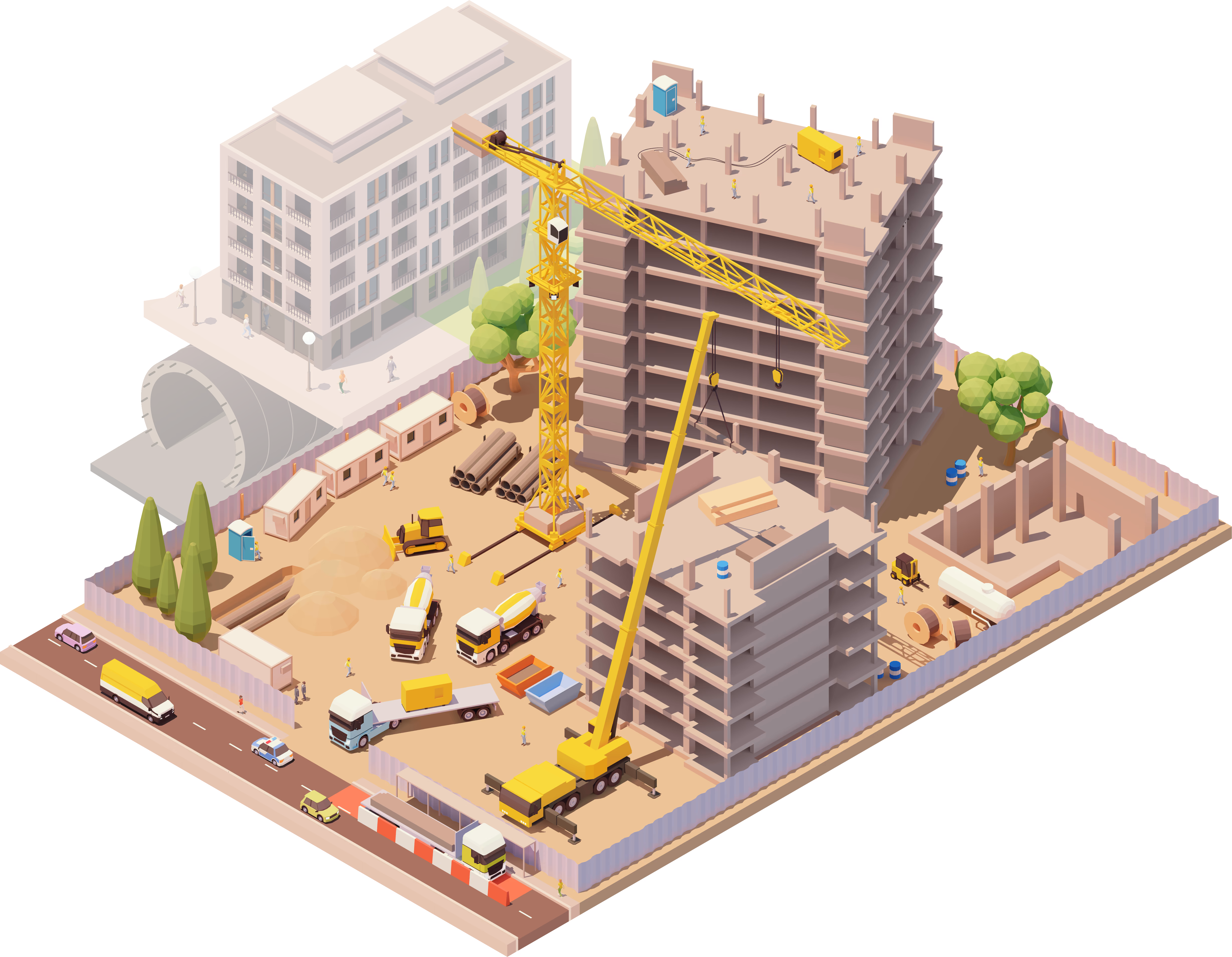Illustrazione isometrica di un cantiere con sensori di monitoraggio