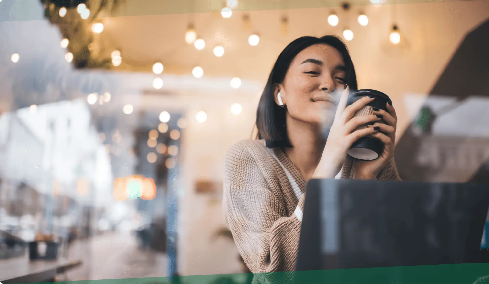 Happy woman having coffee knowing she is supported by Serefin