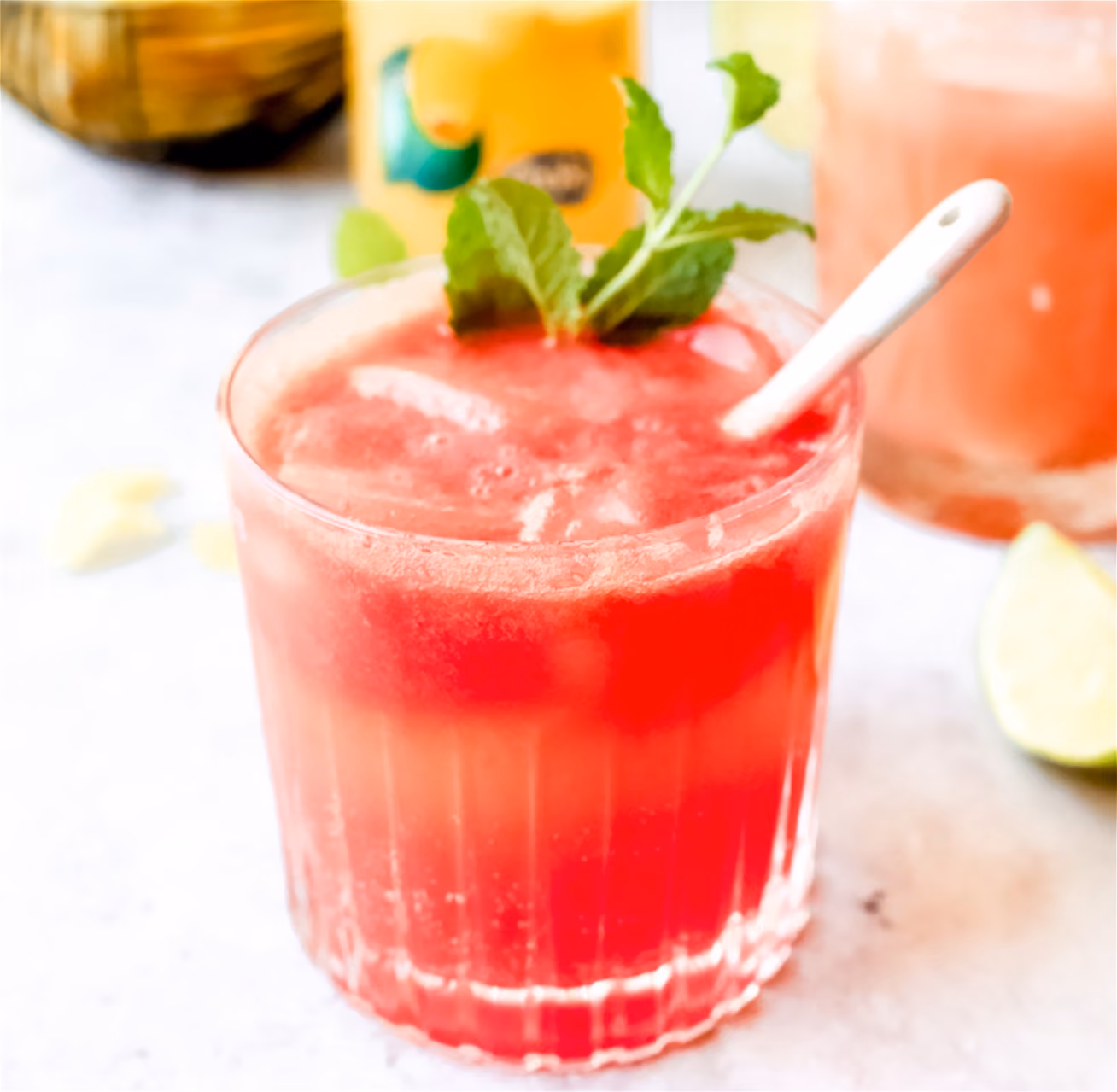 Een glas watermeloenlimonade versierd met munt en ijs.