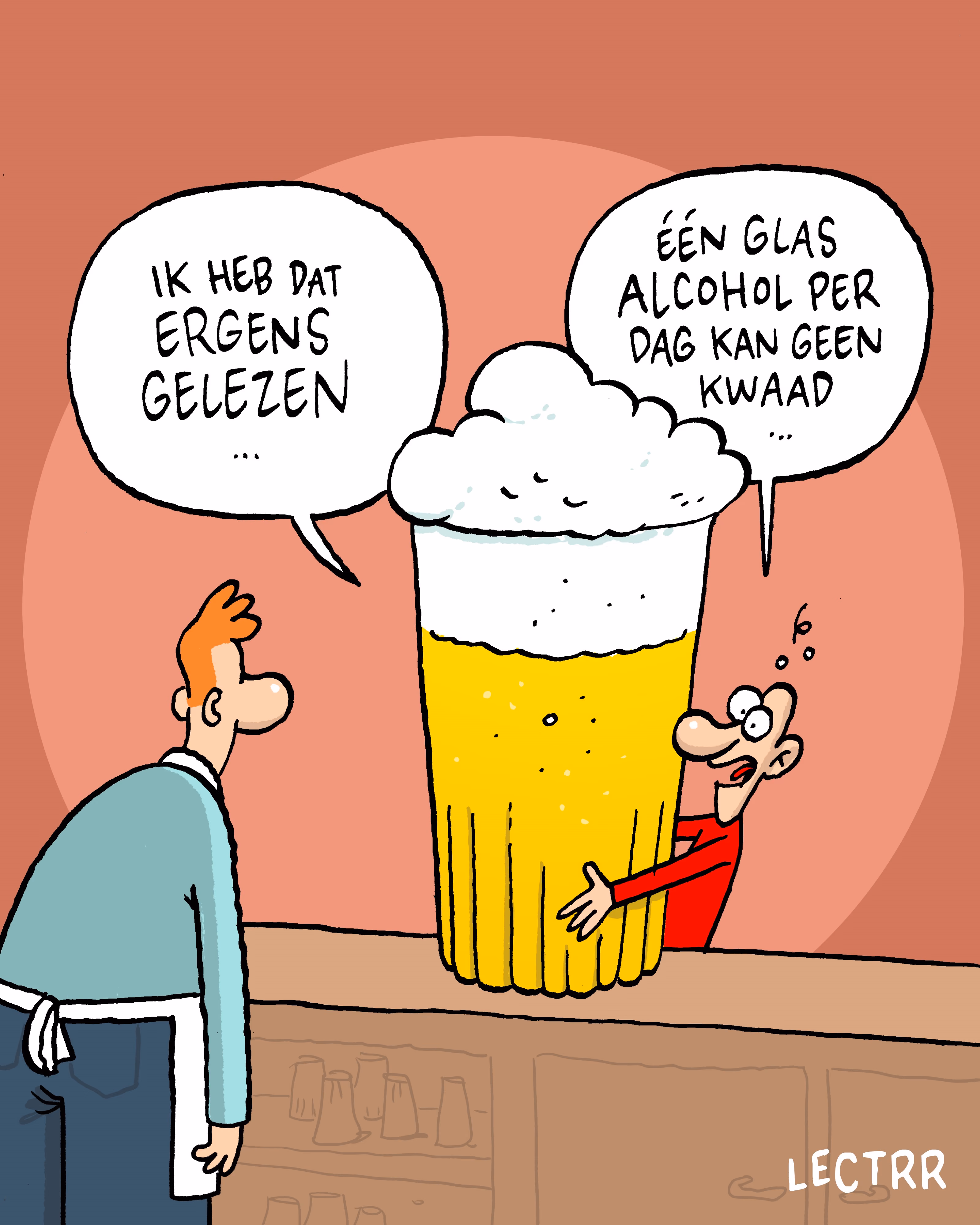 Cartoon van Lectrr over met iemand die een reusachtig glas bier bestelt