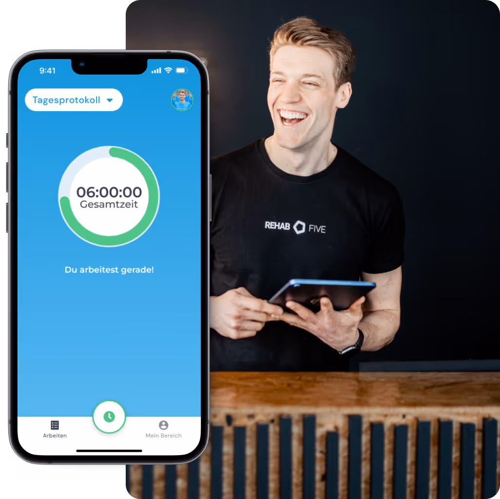 clockin Smartphone Mockup mit Bild von Mann der lacht und ein iPad in der Hand hält