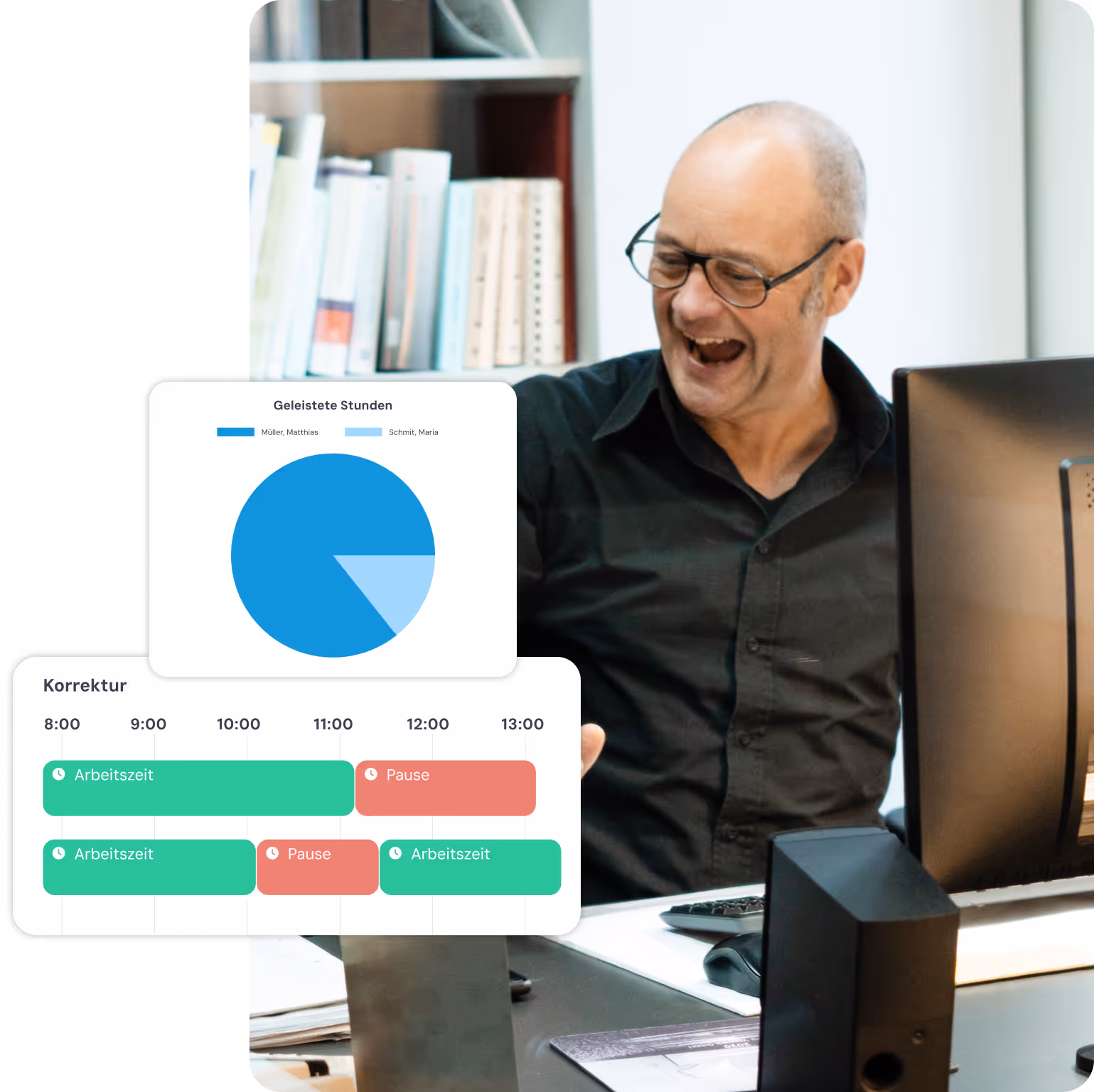 Mockup clockin Analyse mit Bild von Lachendem Mann am Schreibtisch