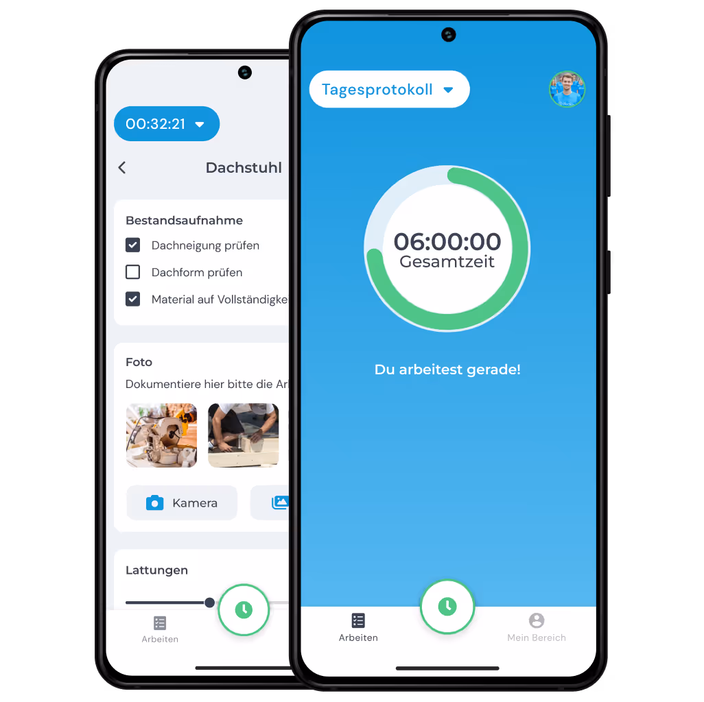 Zwei Smartphones: clockin App Stechuhr und digitale Projektakte