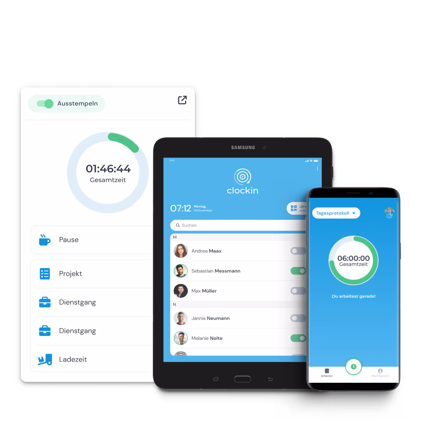 clockin dreier Kombination: Browser-Zeiterfassung, Tablet-Terminal, Smartphone App