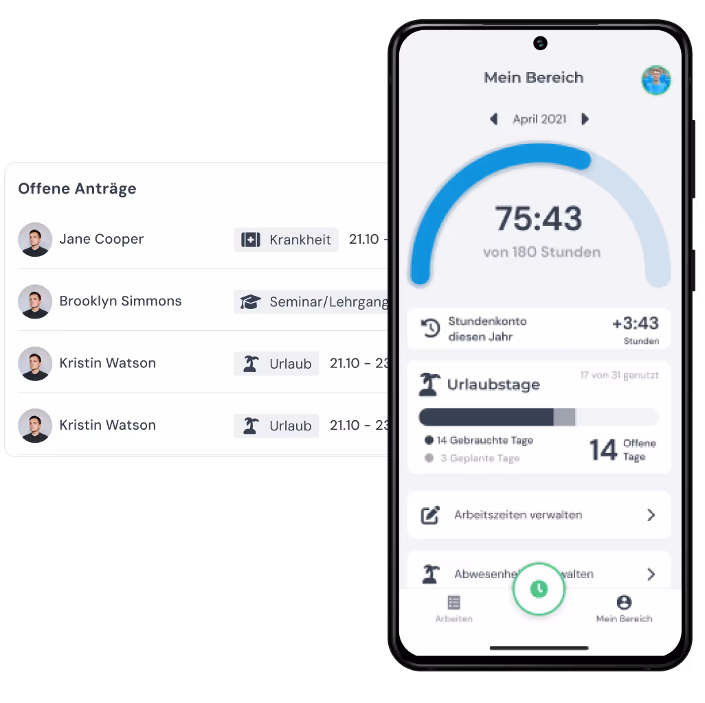 rechts: clockin App "Mein Bereich", links: clockin Büro-Center "Offene Anträge"