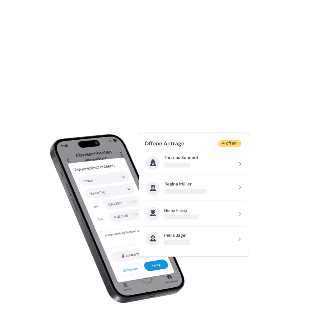 Mockup clockin App "Abwesenheit anlegen" und vereinfachtes Mockup Büro-Center "Offene Anträge"