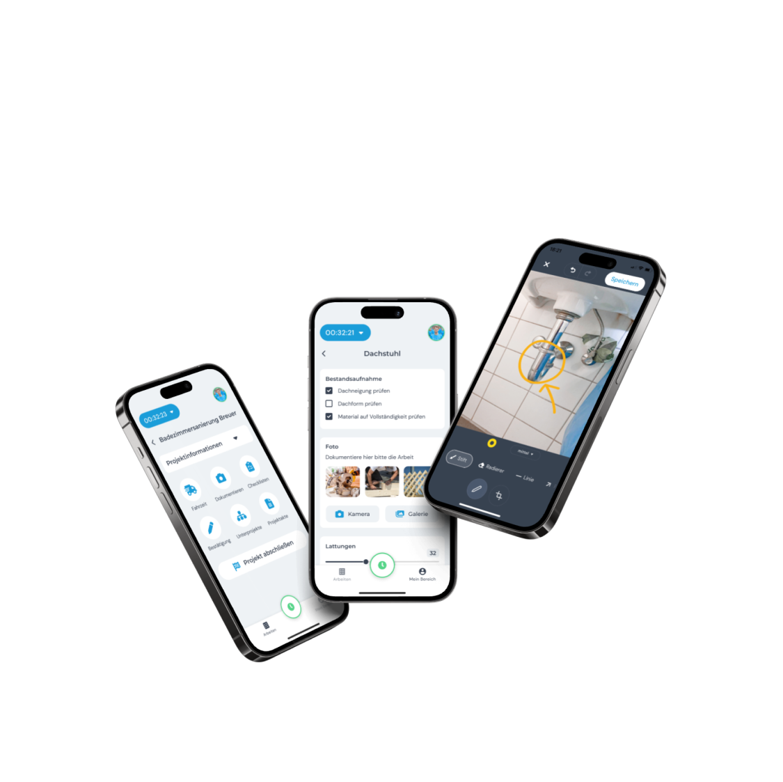 Screenshot einer mobilen App-Oberfläche zur Auswahl eines Projekts, mit Filteroptionen, aktiven und abgeschlossenen Projekten.