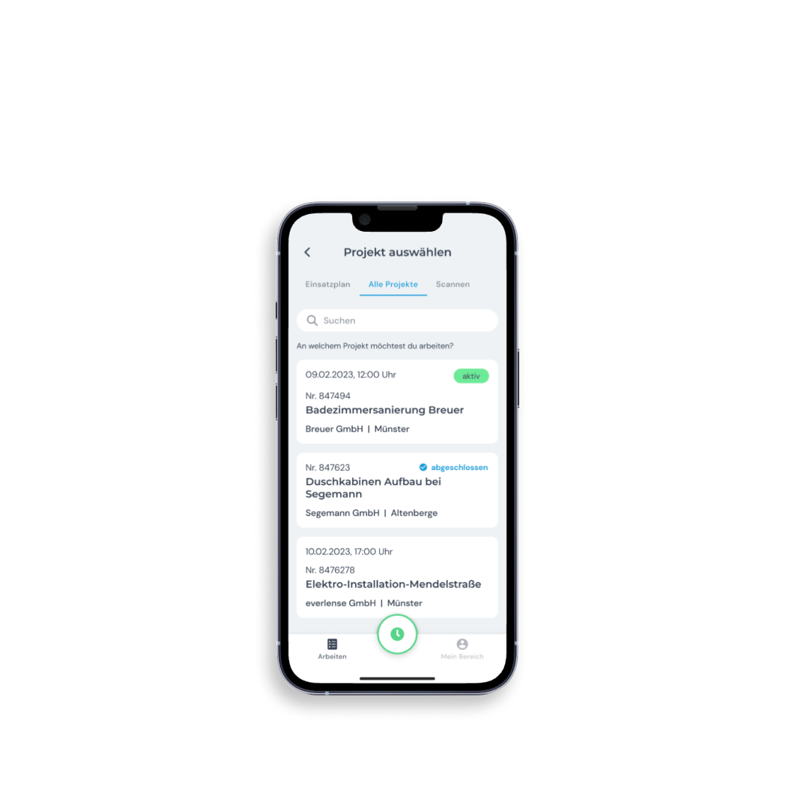 Screenshot einer mobilen App-Oberfläche zur Auswahl eines Projekts, mit Filteroptionen, aktiven und abgeschlossenen Projekten.