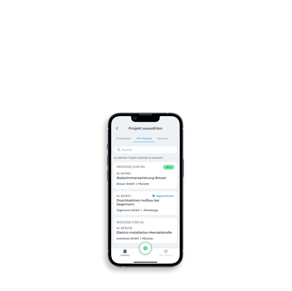 Screenshot einer mobilen App-Oberfläche zur Auswahl eines Projekts, mit Filteroptionen, aktiven und abgeschlossenen Projekten.