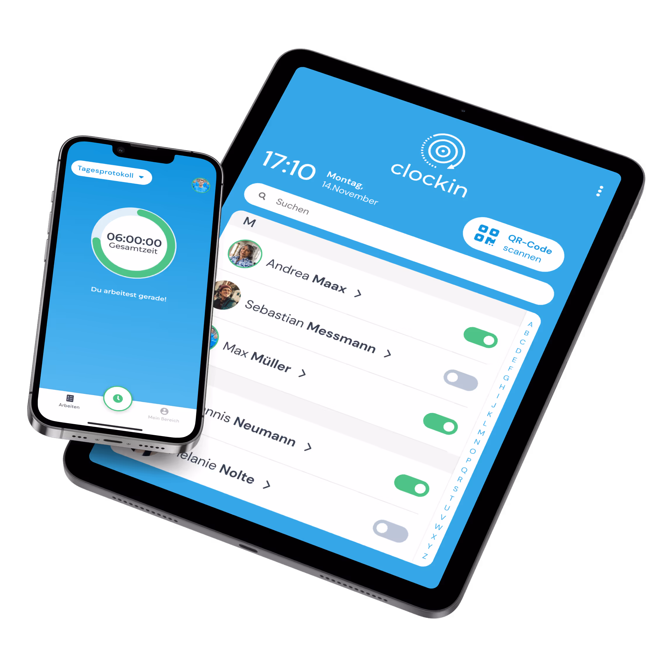 Arbeitszeiten lassen sich dank clockin mit nur einem Klick erfassen.