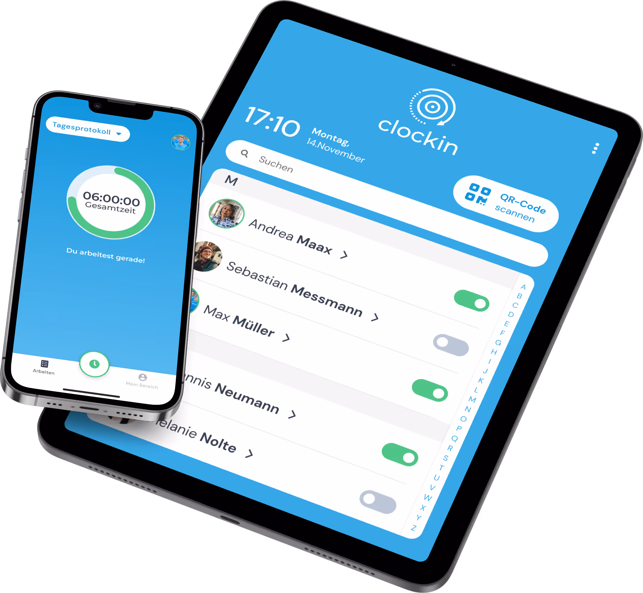 Arbeitszeiten lassen sich dank clockin mit nur einem Klick erfassen.