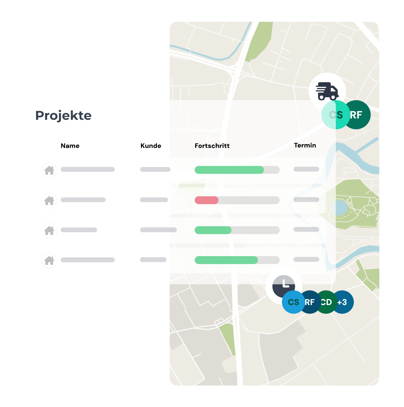Projektübersicht mit einer Tabelle von Namen, Kunden, Fortschritt als farbigen Balken und Terminen neben einer Stadtkarte mit Symbolen für Lieferung und Zeit.