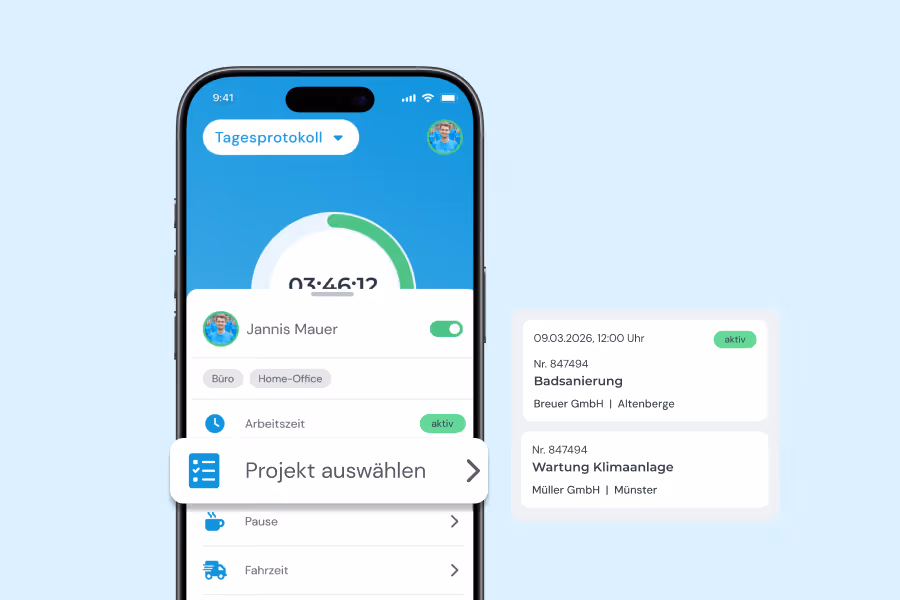 Smartphone-Bildschirm zeigt die Projektzeiterfassungs-App clockin mit einem Timer von 3 Stunden 46 Minuten, Nutzerprofil Jannis Mauer, aktive Arbeitszeit und Auswahlmöglichkeiten für Projekte, Pause und Fahrzeit; daneben zwei aktive Projekte Badsanierung und Wartung Klimaanlage mit Details zu Datum, Uhrzeit und Auftraggeber.