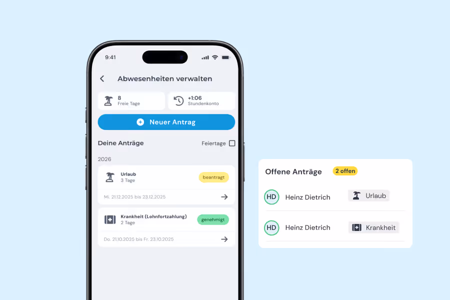Smartphone-Bildschirm zeigt die clockin App zur Verwaltung von Abwesenheiten mit Anträgen für Urlaub und Krankheit, inklusive Statusanzeigen beantragt und genehmigt sowie einer Übersicht offener Anträge.