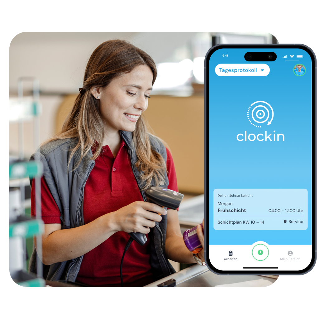 Frau scannt Produkt im Lager mit Barcode-Scanner, neben Bildschirm mit clockin App für Schichtplan.