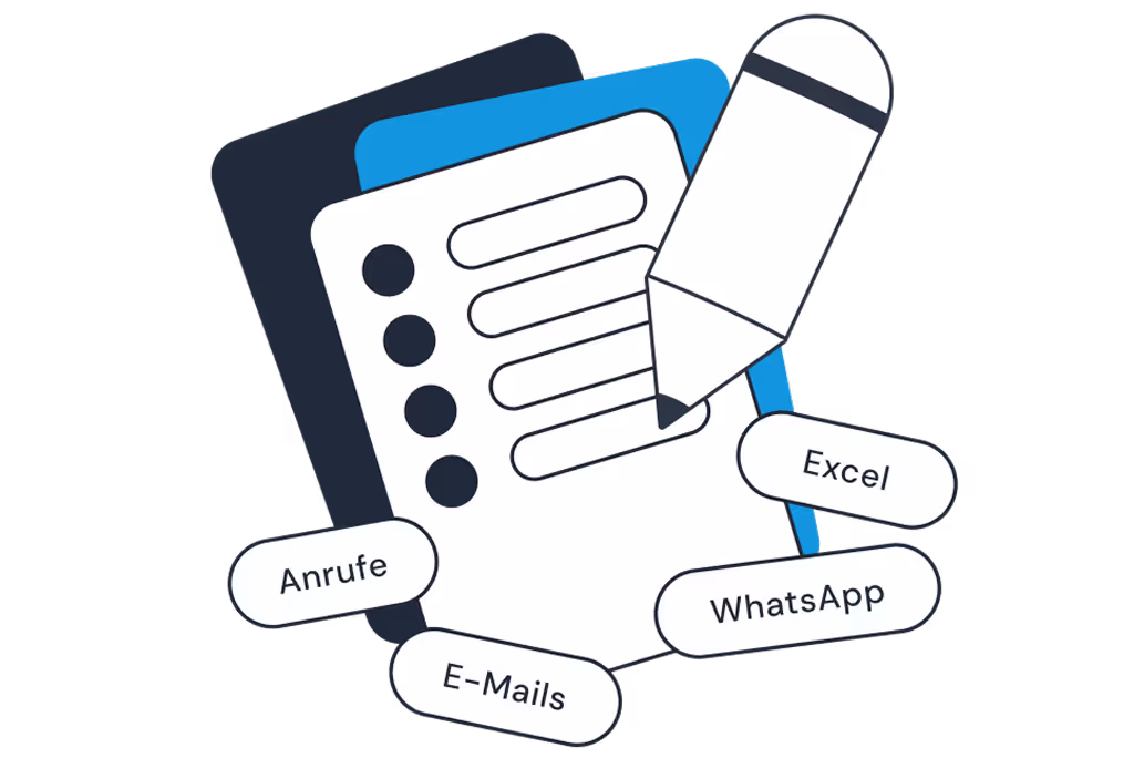 Illustration mit Notizblock, Stift und Labels Anrufe, E-Mails, WhatsApp, Excel.