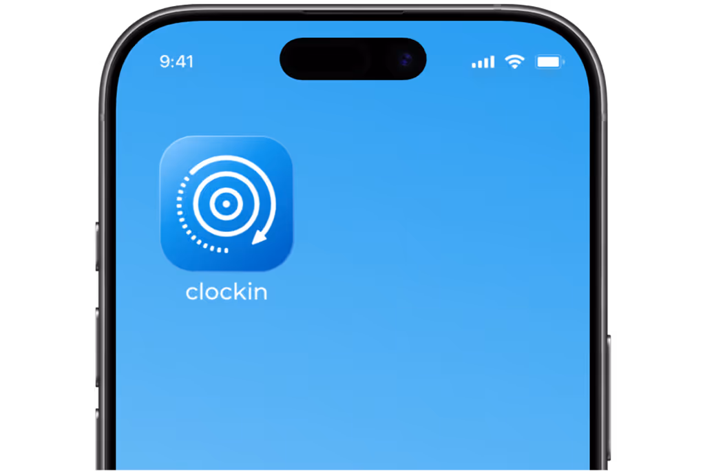 Smartphone screen showing the Clockin app icon with circular arrow design on a blue background.