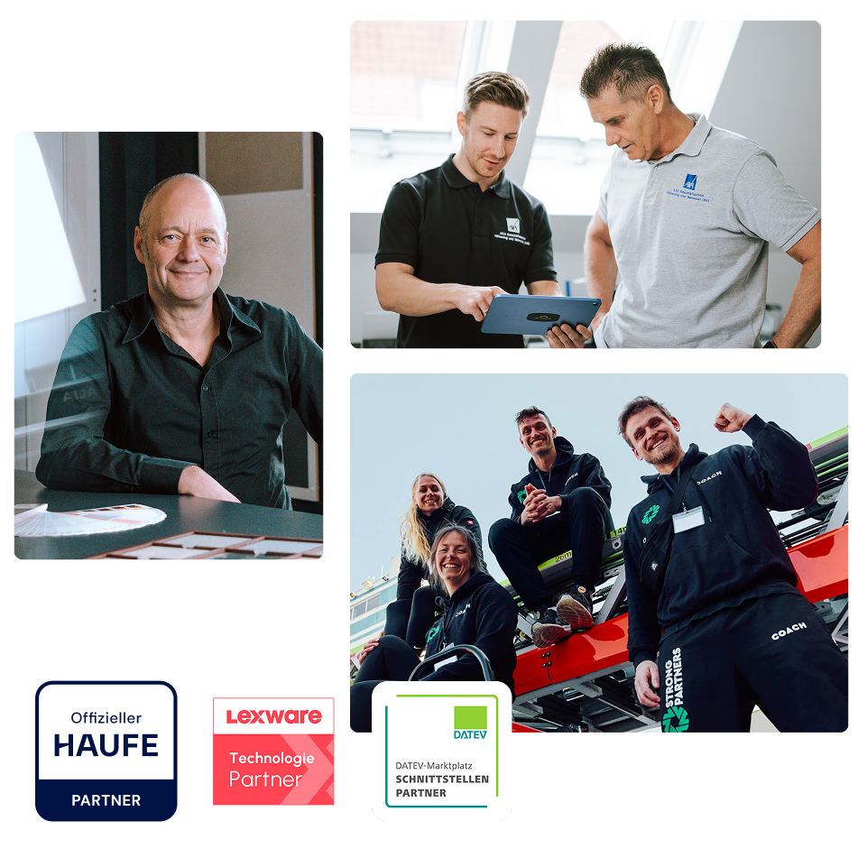 Portrait und Gruppenfoto von vier lächelnden Personen in Arbeitskleidung sowie zwei Personen bei Gespräch mit Tablet.