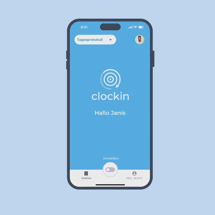 clockin App auf dem Smartphone: anmelden, Arbeitszeit starten und das Tagesprotokoll ansehen