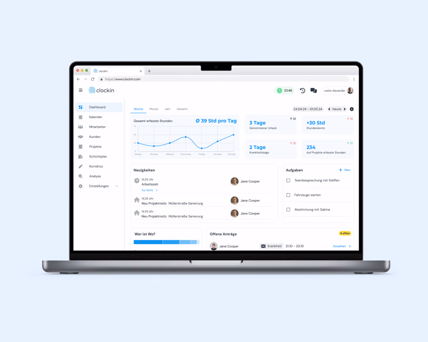 clockin Bürocenter auf einem Laptop mit Dashboard zu Arbeitszeiten, Überstunden und Abwesenheiten des Teams