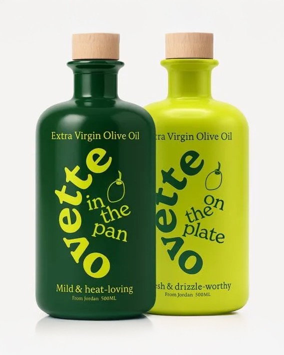 Two Ovette x Onsuri extra virgin olive oil bottles in dark green and bright yellow with wooden stoppers.