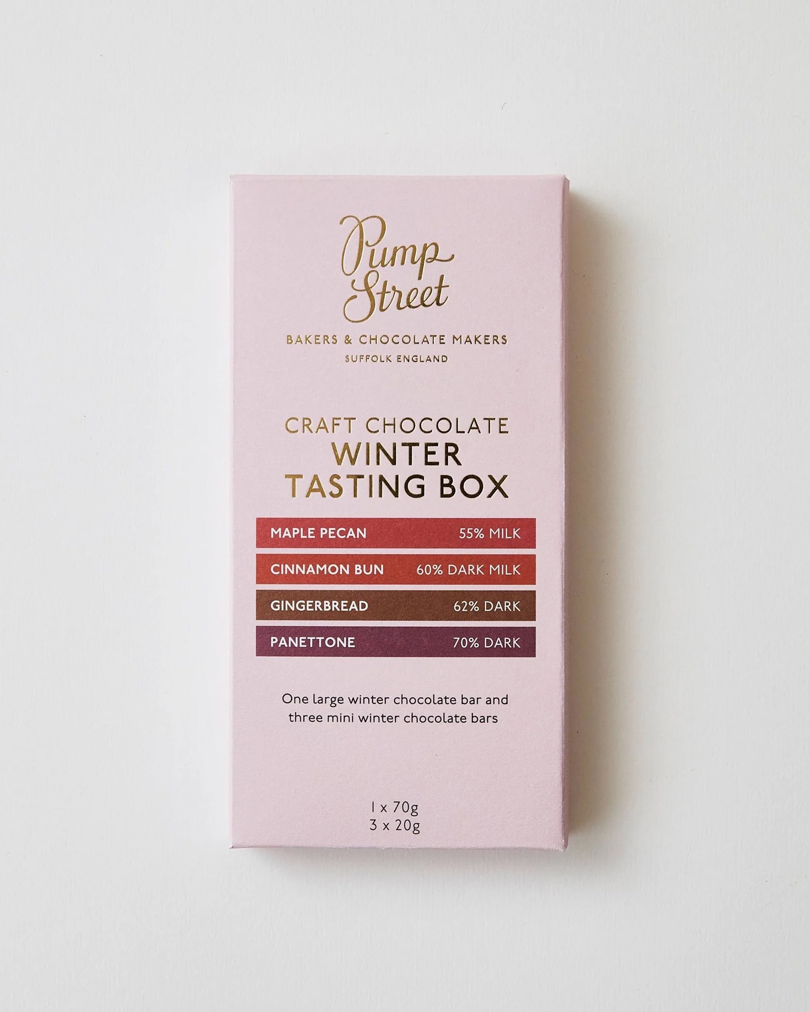 Pump Street Winter Tasting Box with four seasonal chocolate flavours on a neutral background.