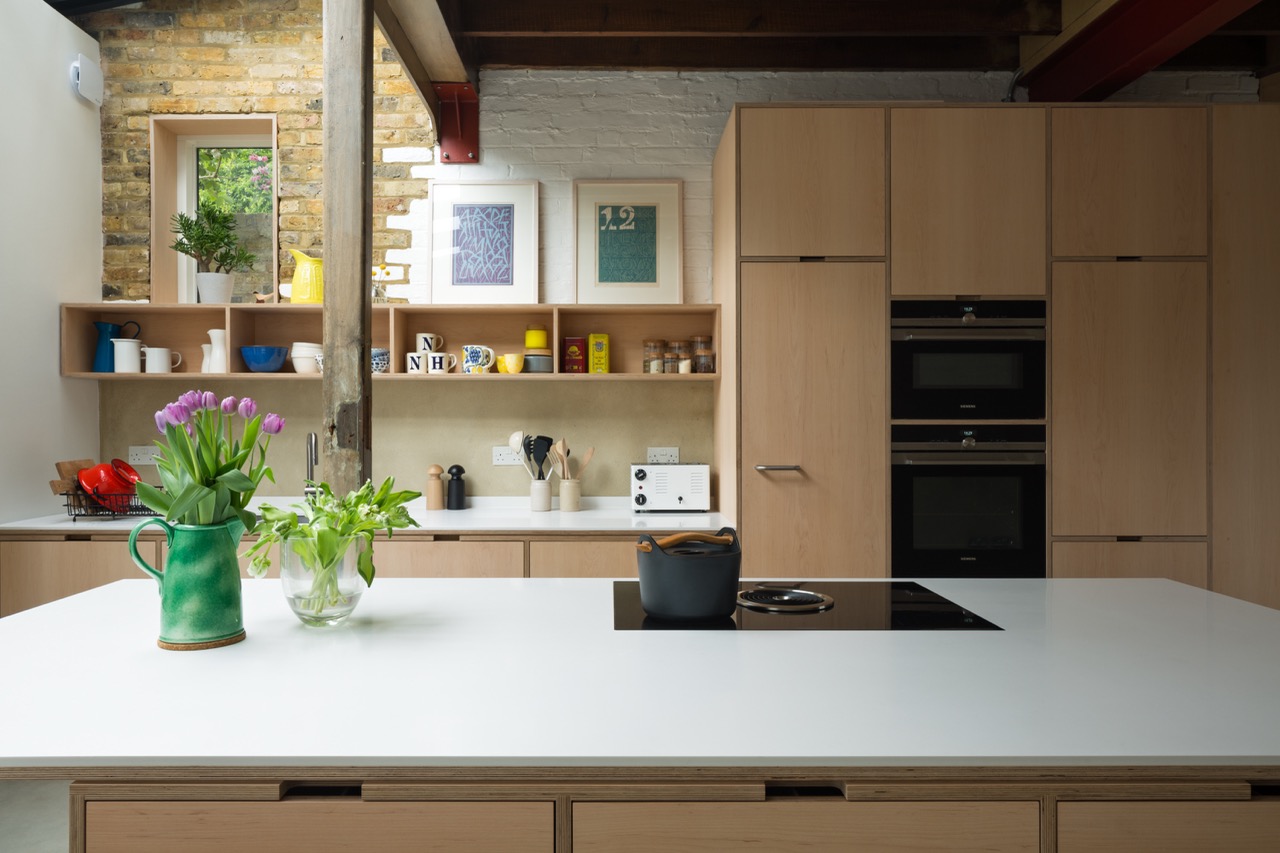 Bespoke plywood kitchen in Victorian renovation with Bora Pure hob.