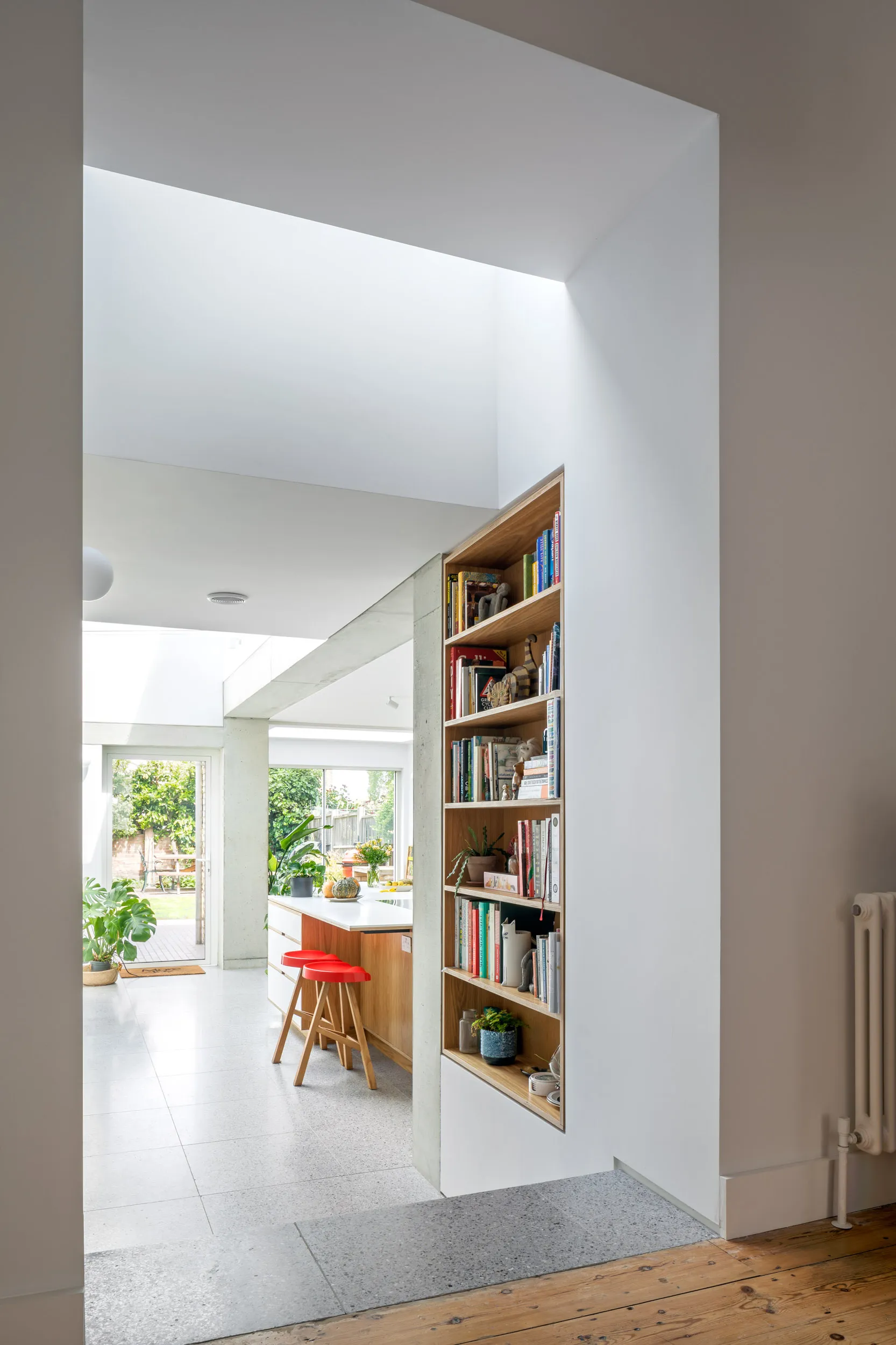 View down into plywood kitchen