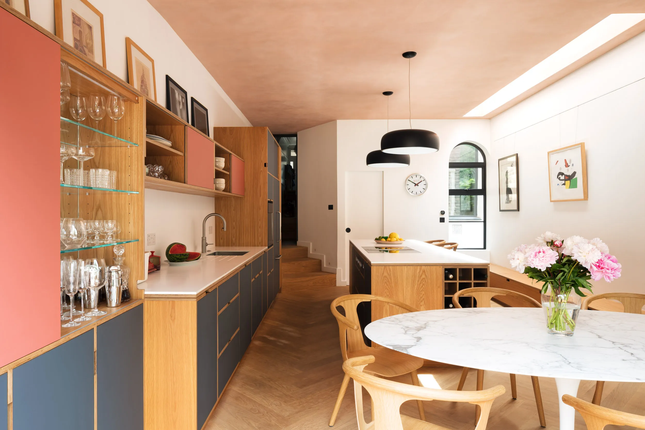 Drinks cabinet and kitchen integrated storage. in oak, pink and grey.
