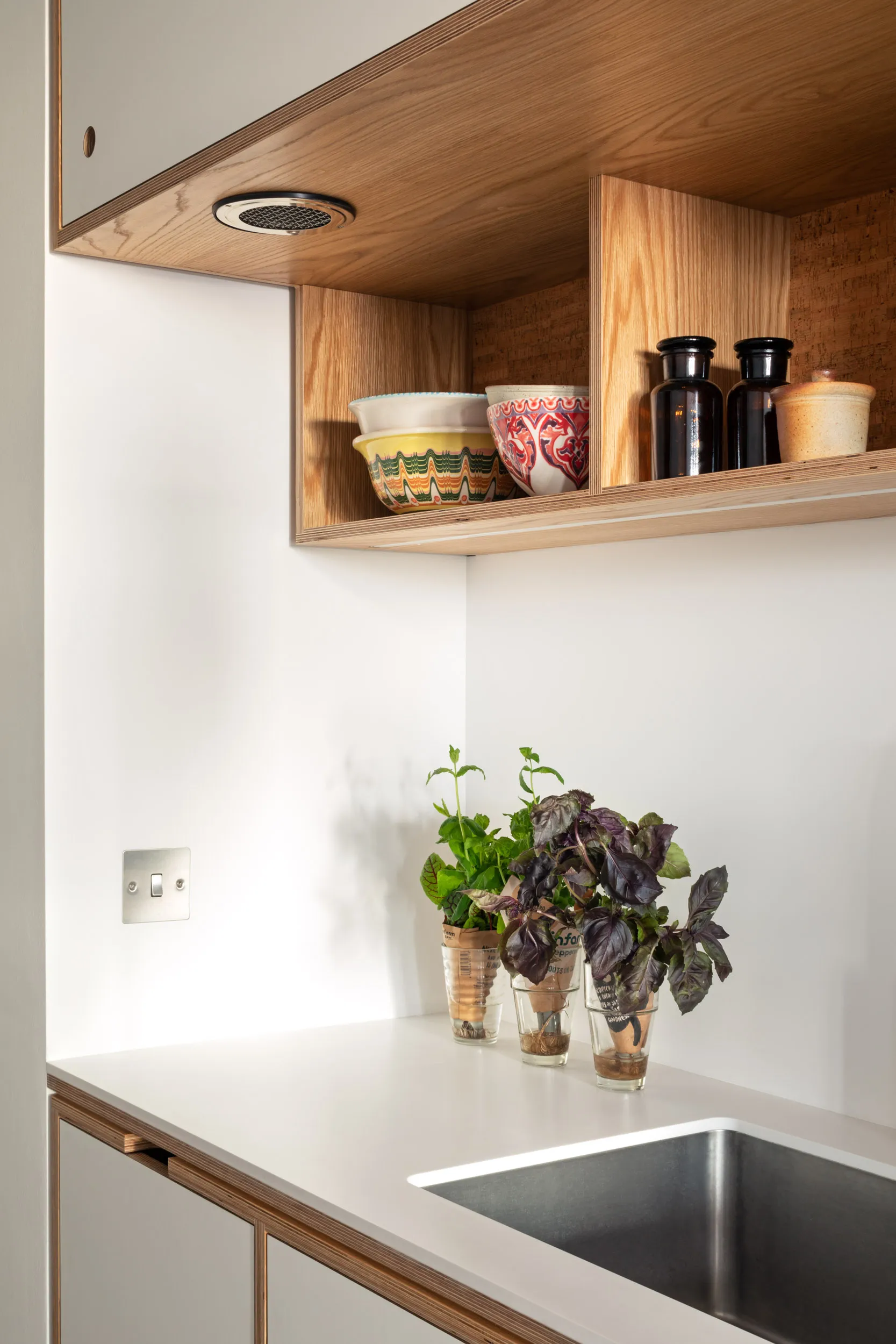Undermounted sink in plywood kitchen. 