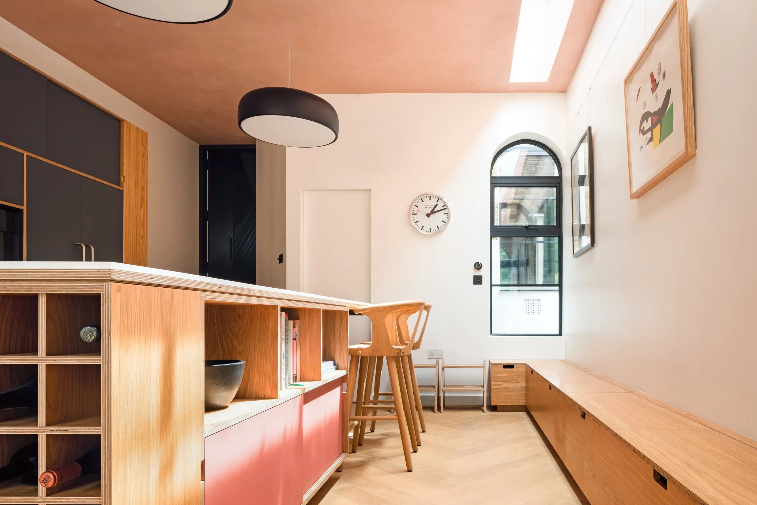 Plywood bench seating and island
