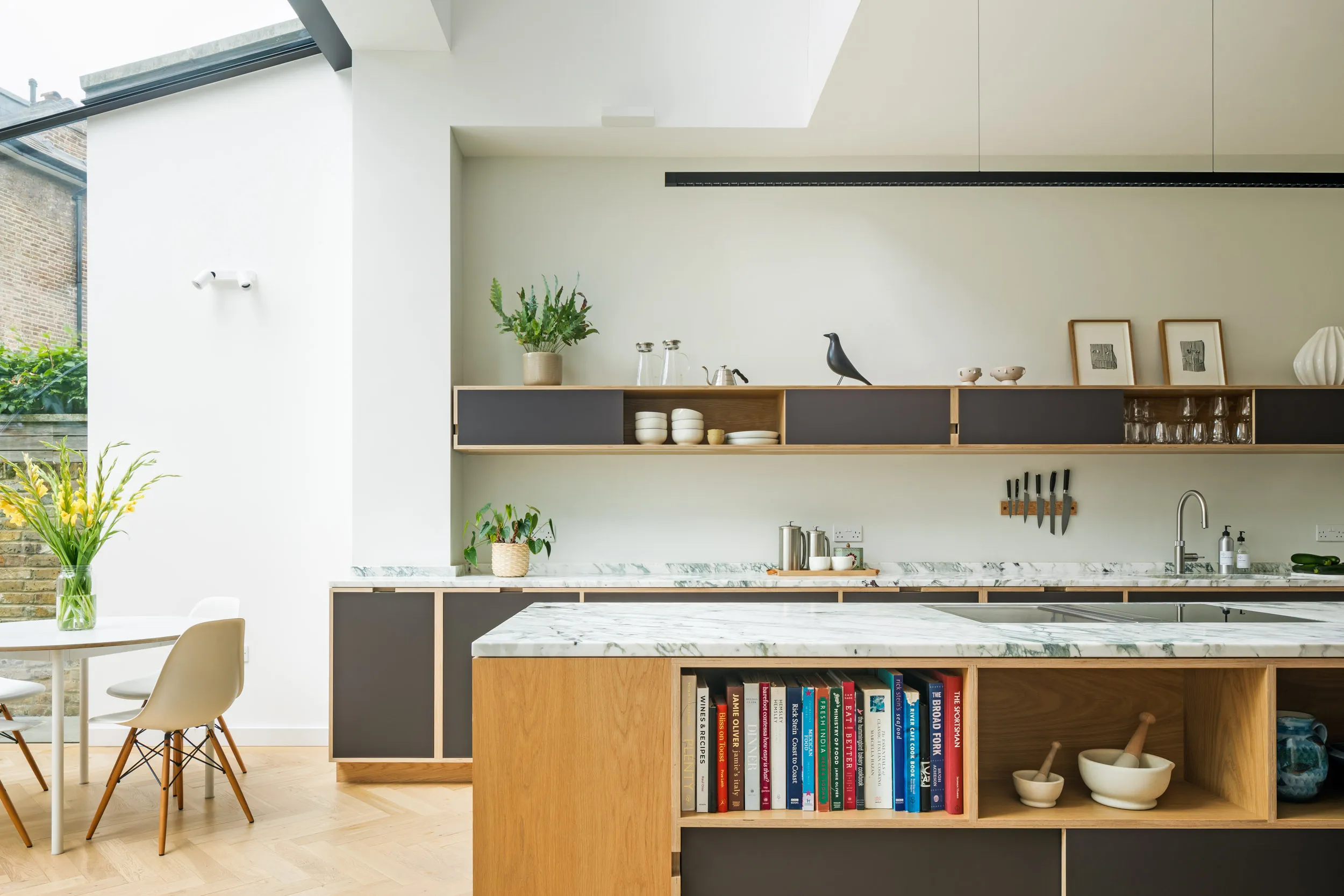 bespoke birch plywood kitchen with oak veneer, slimline shelving.