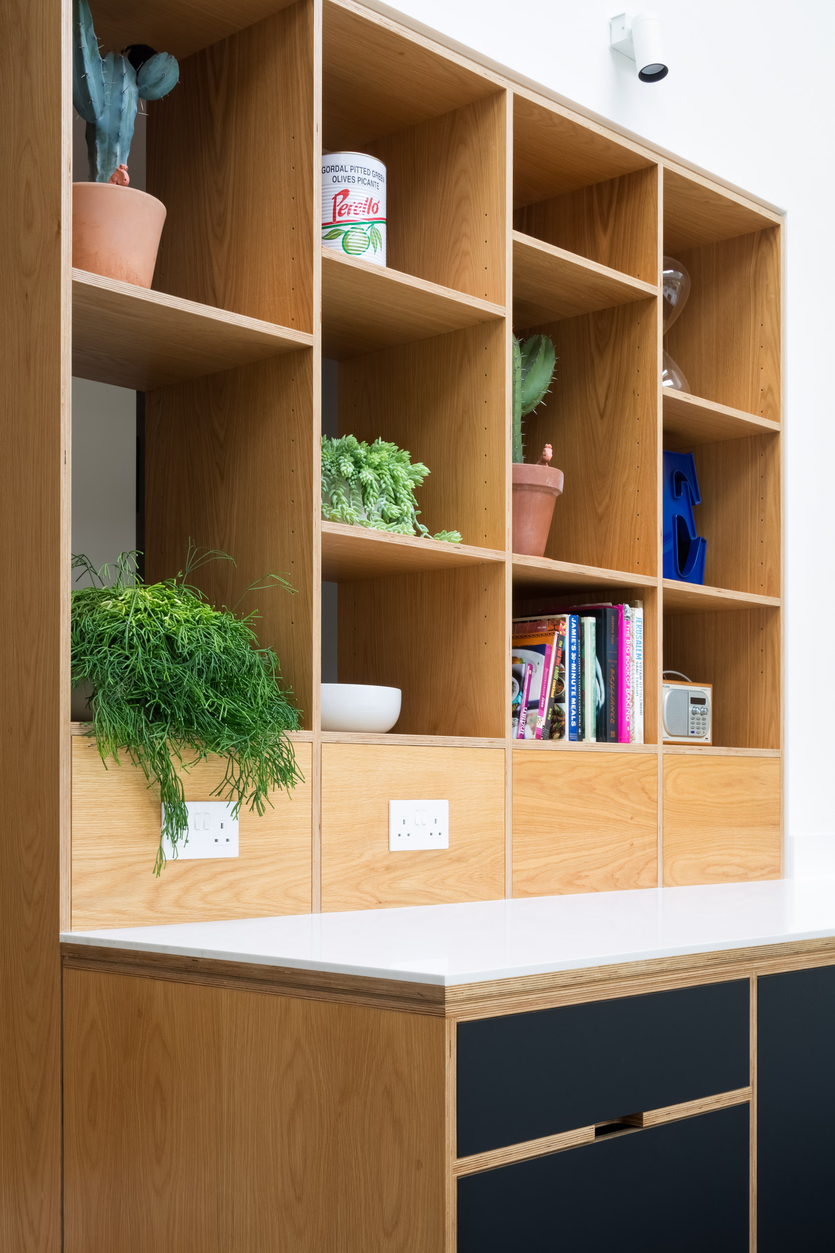 Open shelving with plants and upstand. Plywood and Corian, with integrated sockets.