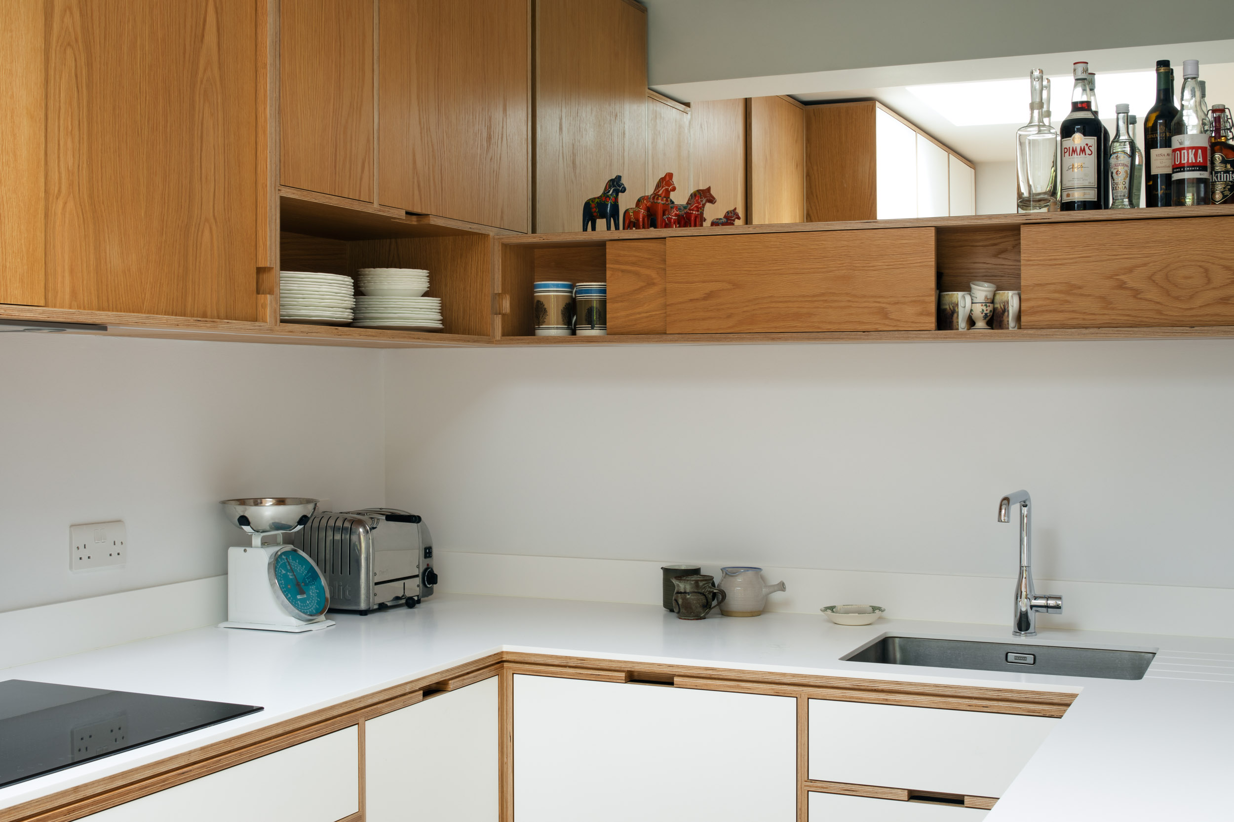 Close up detail into plywood kitchen 